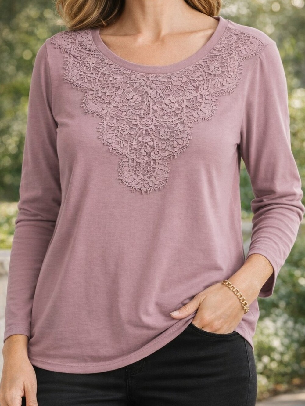 Chico’s Pima Cotton Modal Lace Top Lavender Long Sleeve Size 2 Large
